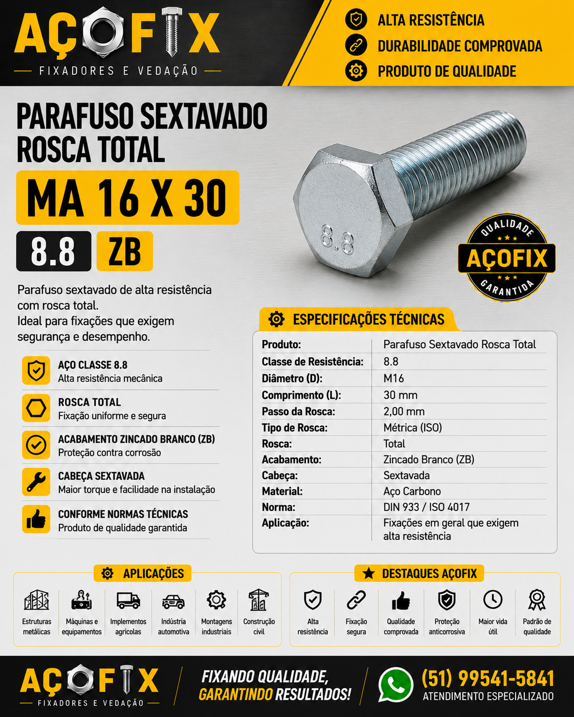 Parafuso Sextavado Rosca Total Zincado