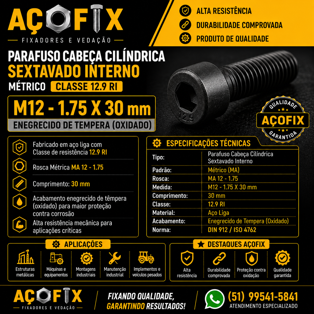 Parafuso Allen Cilíndrico Classe 12.9