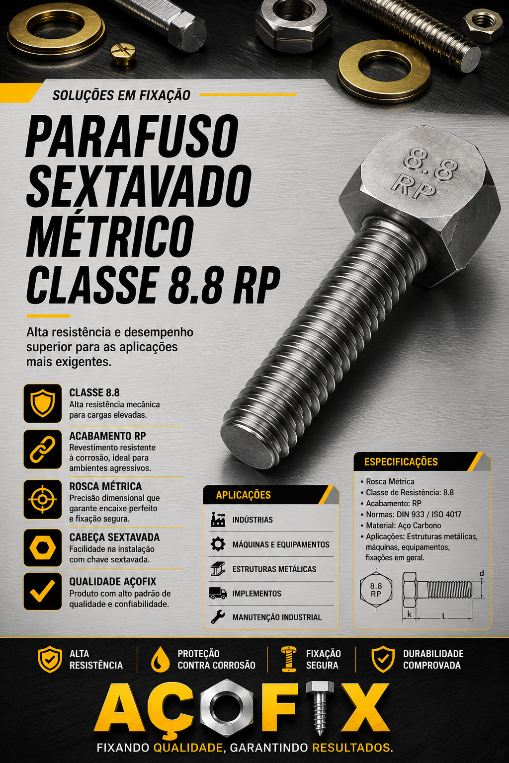 Parafuso Sextavado Rosca Total Zincado