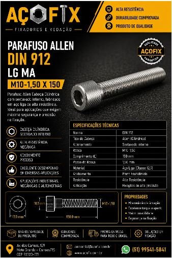 PARAFUSO ALLEN DIN 912 M10 X 1,50 X 150