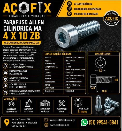 PARAFUSO ALLEN CIL M4 X 10 ZB